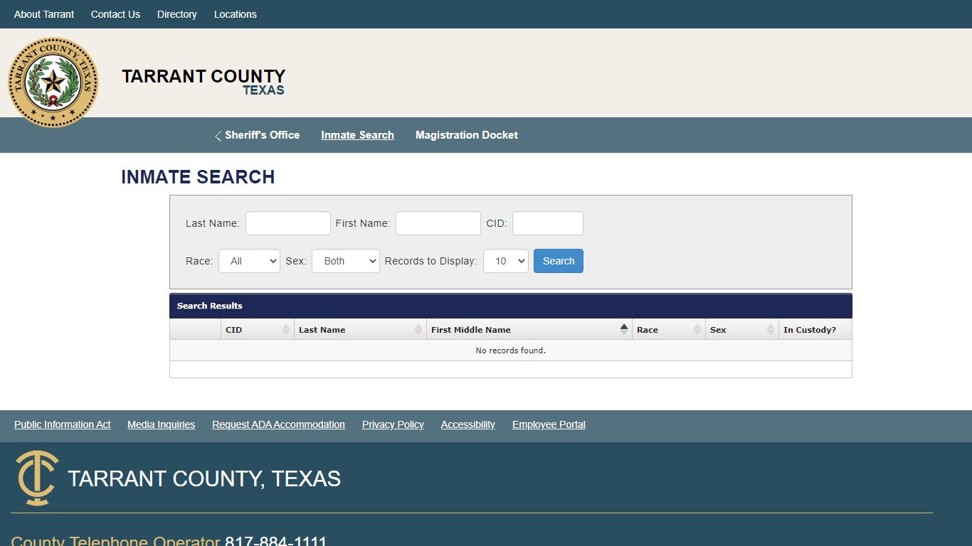 Tarrant County, Texas - Inmate Search